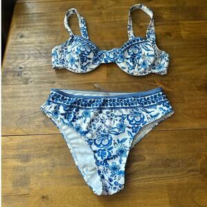 Blue & White Plant Print Underwire Bikini Set - Size Small Vacation Swim